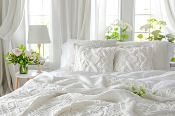 Beautiful knitted blanket with intricate patterns on a white background