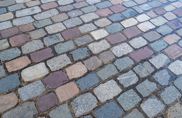 Old Stone Pavement Texture Background, Ancient Granite Cobblestone Road Pattern, Block Sidewalk