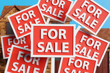 Red pickets with a white border showing the word FOR SALE with a house and blue sky as background. Illustration of the concept of housing market and change of real estate property prices