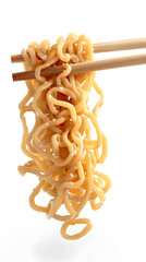 Pair of chopsticks holding some noodles isolated on white background