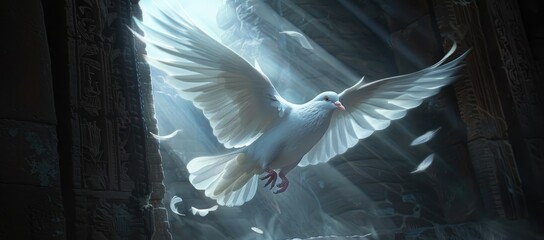 White Dove Flying Towards the Gates of Heaven Amidst Colorful Clouds and Light - Serene and Ethereal Spiritual Image