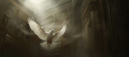 White Dove Flying Towards the Gates of Heaven Amidst Colorful Clouds and Light - Serene and Ethereal Spiritual Image