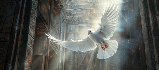White Dove Flying Towards the Gates of Heaven Amidst Colorful Clouds and Light - Serene and Ethereal Spiritual Image