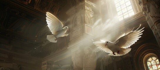 White Dove Flying Towards the Gates of Heaven Amidst Colorful Clouds and Light - Serene and Ethereal Spiritual Image