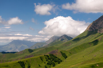View from the Tsey Loam pass. In the upper reaches of the Dzheyrakh gorge. Republic of Ingushetia,...