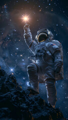 Fototapeta premium Astronaut on a rocky surface, reaching towards the stars in a stunning night sky filled with twinkling stars and cosmic clouds.