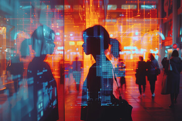 Obraz premium Silhouette of a person against a background of colorful digital reflections in an urban setting, depicting technology and modern city life.