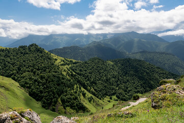 View from the Tsey Loam pass. In the upper reaches of the Dzheyrakh gorge. Republic of Ingushetia,...