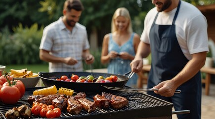 A male making barbecue at poolside party with family in backyard., close up , copy text
