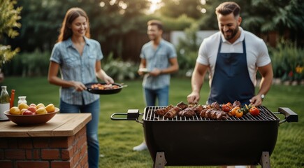 Friends making barbecue party in backyard, close up, copy text