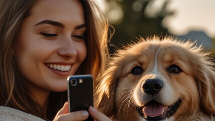 Smiling young woman snuggling to furry friend and taking selfie on smartphone. Saving memories with pet concept