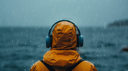 person wearing headphones, eyes closed in relaxation, as they listen to the soothing sounds of rain falling or ocean waves crashing, transporting them to a state of calm and tranquility