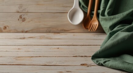 Wooden table background covered with green tablecloth and cooking utensils.., banner, close up , copy text