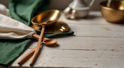 Vintage country kitchen style. White wooden table background covered with green tablecloth and cooking utensils.., banner, close up , copy text
