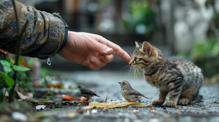 person caring for injured, abandoned animals, feeding stray cat, nursing wounded bird back to health. Evokes feelings of empathy, compassion towards animals, advocacy for their well-being.