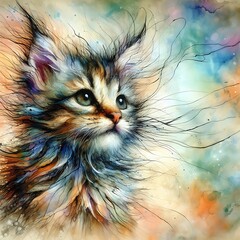 Abstract fluffy cat's face with hair flowing the wind, colorful background illustration image generative ai