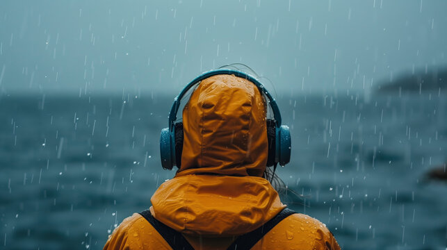 person wearing headphones, eyes closed in relaxation, as they listen to the soothing sounds of rain falling or ocean waves crashing, transporting them to a state of calm and tranquility