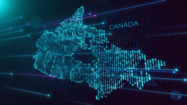 Abstract Futuristic Blue Violet Shiny Perspective Square Hud Particles Mosaic Grid And Text Of Faint Administrative Canada Map With Dotted Lines Light Flare