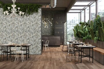 Restaurant interior that is cozy and comfy, wooden textured marble wall and flooring. A comfortable, modern dining room with great wall decor, elegant furniture, rack filled with alcohol. 3D Rendering