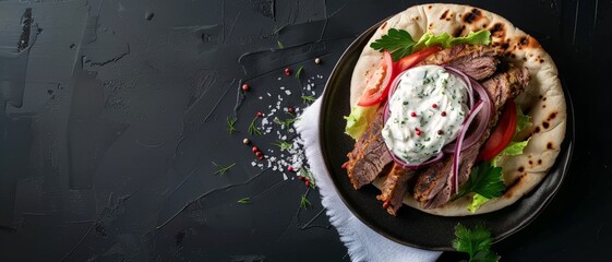 Top view of Greek gyro with pita bread and tzatziki, using the rule of thirds, with ample copy space