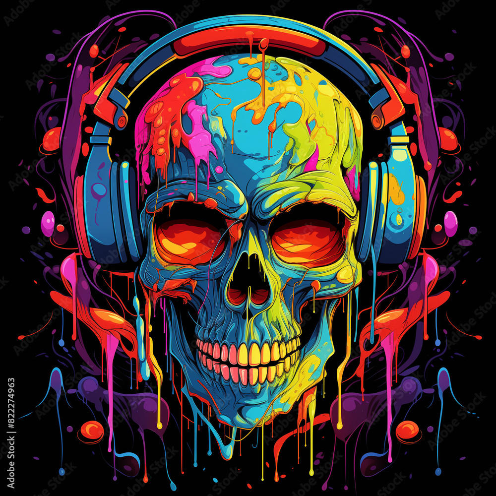 Wall mural clothing design illustration of a skull wearing a colorful headset, looks like a paint spill, black background