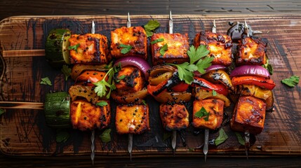 Top view of Indian paneer tikka with vegetables, using the rule of thirds, with ample copy space