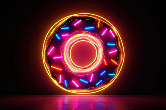 neon glowing donut sign displayed against a dark background, vibrant and eye-catching advertising design