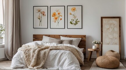 Flowers on wooden stool and pouf in white bedroom interior with posters above bed