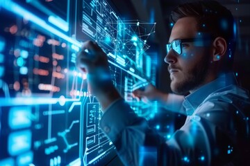 Engineer programming a quantum computer with a high-tech interface