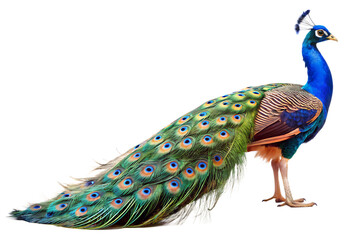 Close up photograph of a full body peacock isolated on a solid white background.PNG,AI GENERATED © SekhSadi