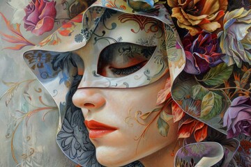 Painting of a woman wearing a mask with flowers on it