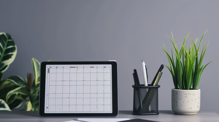 Contemporary office featuring a digital planner on a tablet, surrounded by sleek desk accessories and lush plants.