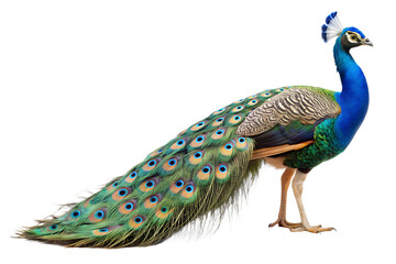 Obraz premium Close up photograph of a full body peacock isolated on a solid white background.PNG,AI GENERATED