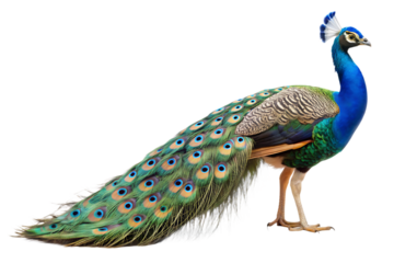 Close up photograph of a full body peacock isolated on a solid white background.PNG,AI GENERATED