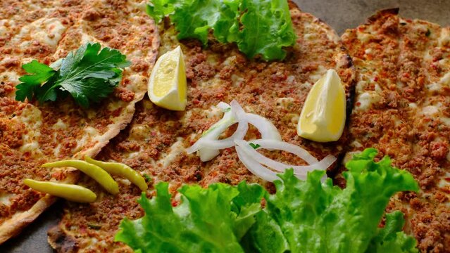 Turkish style minced meat lahmacun close-up