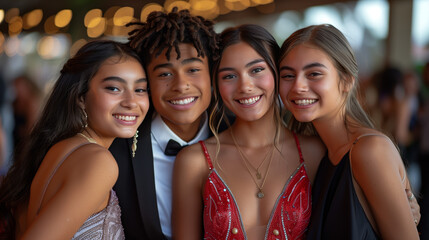 High school students dressed elegantly for prom, posing for photos and dancing the night away in celebration of friendship, romance, and the end of the school year.