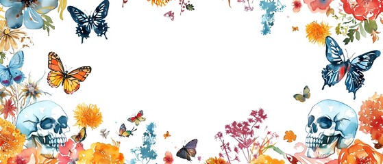 Vibrant Day of the Dead Decorative Border with Butterflies Skulls and Marigold Flowers for Creative Mockup or Background Design