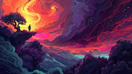 A vibrant illustration of an ethereal landscape, with swirling patterns and radiant colors in the sky above