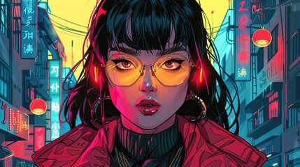 A retrofuturistic illustration of an Asian woman with glasses and black hair, set against the backdrop of cyberpunk street