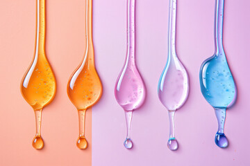 gradient droplets of cosmetic serums on pastel background, beauty industry product presentation