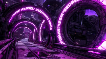 A purple glowing sci-fi coridor with neon rings in the futuristic city