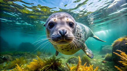 Underwater Harbor Seal Hunting Fish and Watching Camera. Perfect for: World Oceans Day, Earth Day, National Wildlife Day, Marine Awareness Month, Endangered Species Day, Environment Day.
