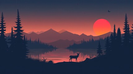 A minimalist illustration of deer in front of mountains and forest, lake at sunset
