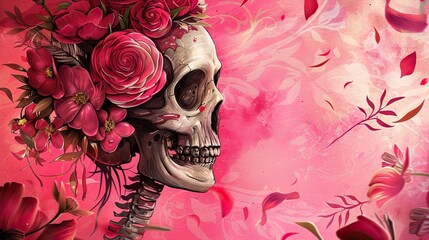 A pink background with an illustration of a skull adorned in roses, with petals falling around it