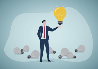 Businessman found a shiny light bulb, new idea for startup, solution and business success, Vector illustration design concept in flat style.