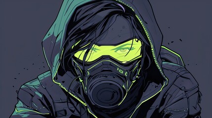 A hooded man with yellow glowing eyes wearing an apocalyptic gas mask in the style of comic book