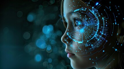 A girl with futuristic digital elements on her face, symbolizing the integration of AI technology in human life