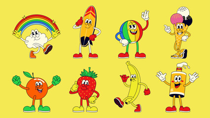 Collection of Funny Summer Retro Cartoon Character Set Collection