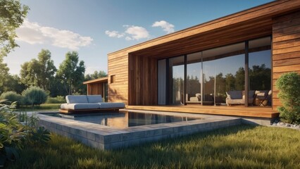 Fototapeta premium modern cozy house with wood plank facade