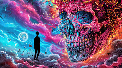 A man stands in front of an epic giant skull. Psychedelic art with colorful clouds and smoke swirls around the scene